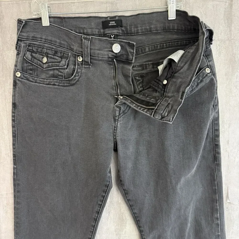 True Religion Jeans Mens 34x32 Geno Relaxed Slim Faded Wash Denim Pocket Flap